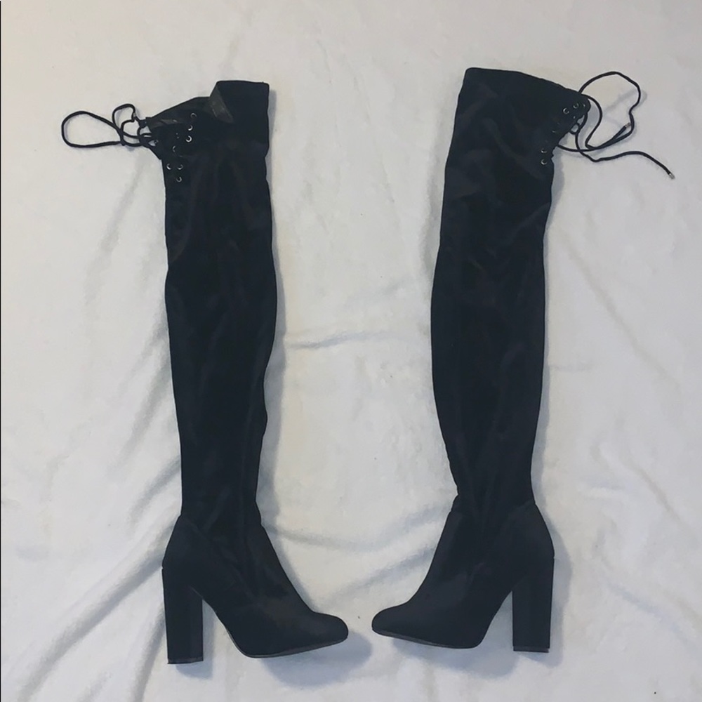 Thigh high black velvet boots